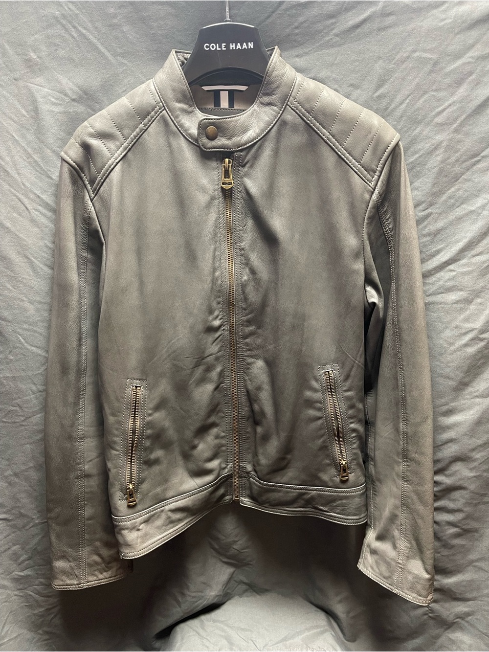 Men's Cole Haan Gray Leather Bomber Jacket - Size Small